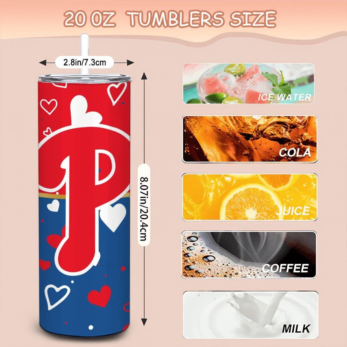 ColorFlow | Philadelphia Inspired Phillies Hearts Straight Tumbler 20oz Stainless Steel Gift Optional Personalization