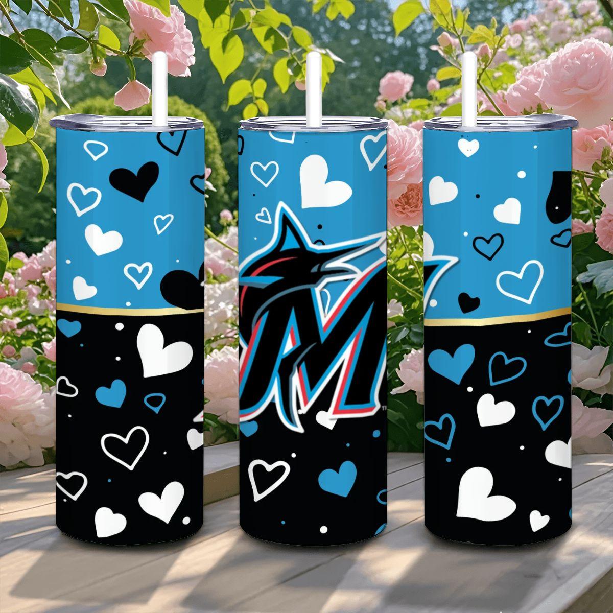 ColorFlow | Miami Inspired Marlins Hearts Straight Tumbler 20oz Stainless Steel Gift Optional Personalization