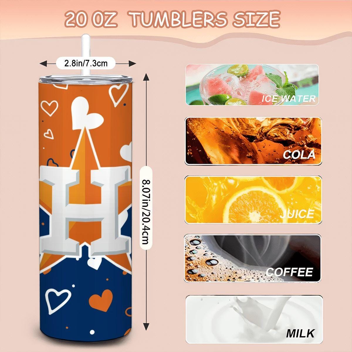 ColorFlow | Houston Inspired Astros Hearts Straight Tumbler 20oz Stainless Steel Gift Optional Personalization