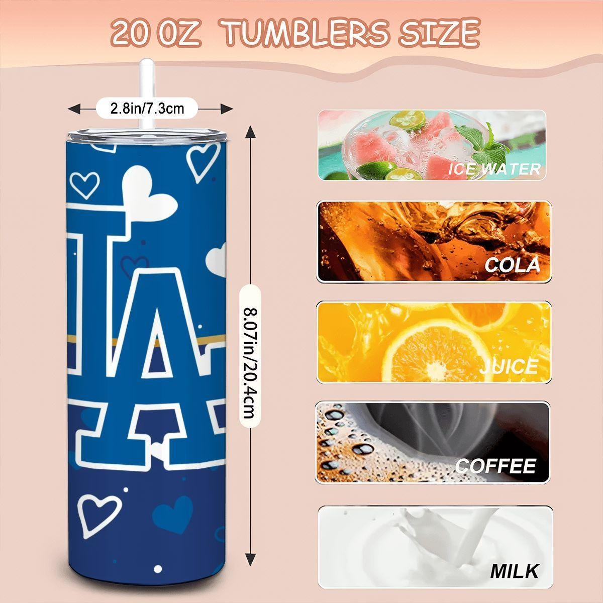 ColorFlow | Los Angeles Inspired Dodgers Hearts Straight Tumbler 20oz Stainless Steel Gift Optional Personalization