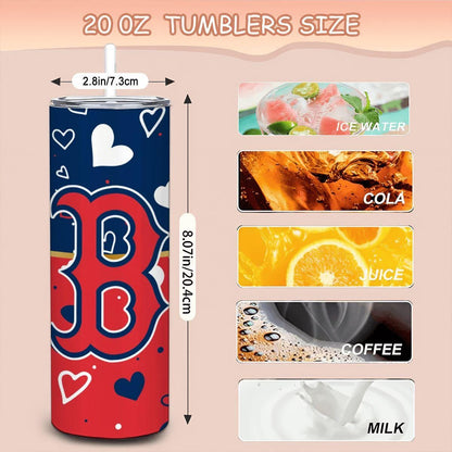 ColorFlow | Boston Inspired Red Sox Hearts Straight Tumbler 20oz Stainless Steel Drinkware Optional Personalization