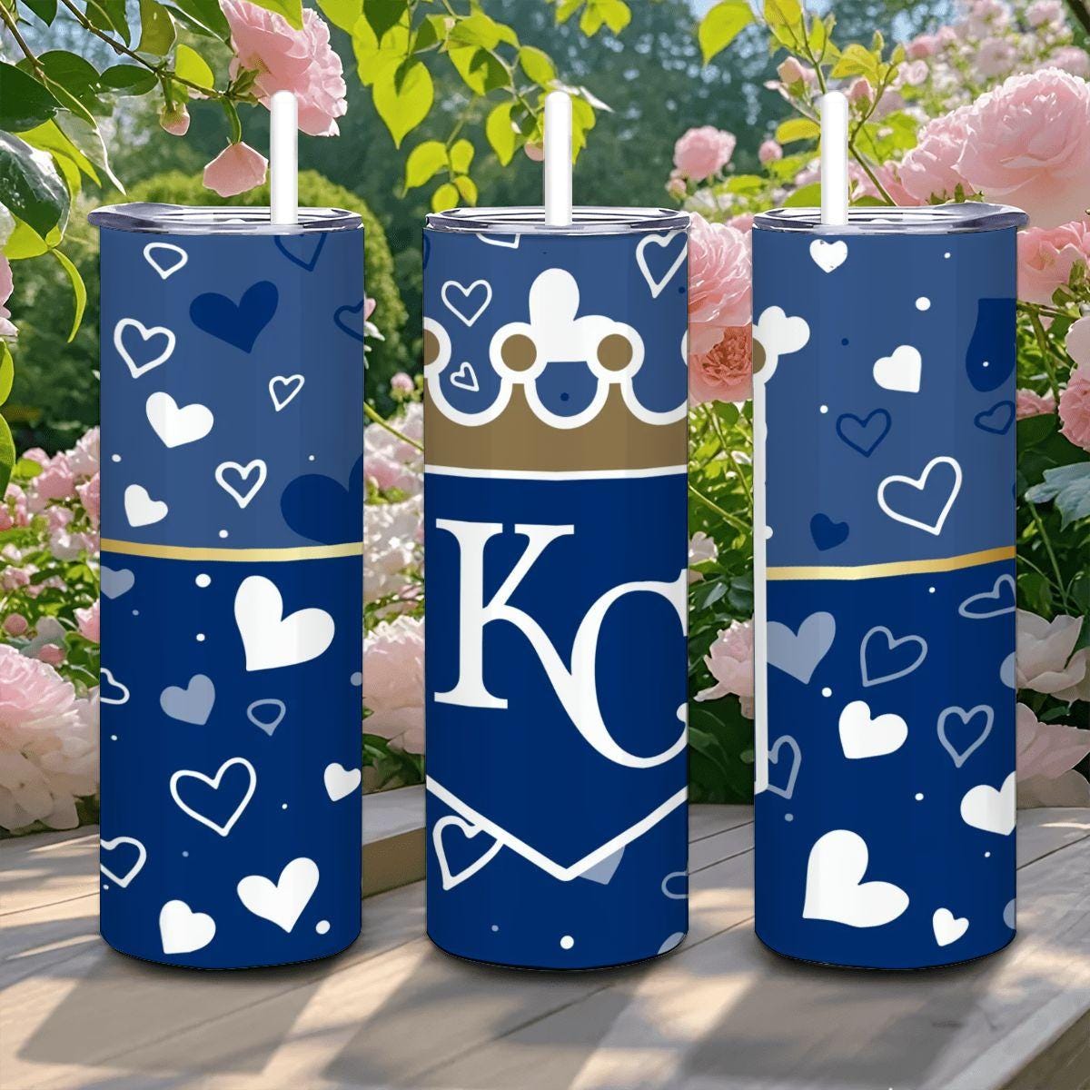 ColorFlow | Kansas City Inspired Royals Hearts Straight Tumbler 20oz Stainless Steel Drinkware Optional Personalization