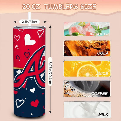 ColorFlow | Atlanta Inspired Braves Hearts Straight Tumbler 20oz Stainless Steel Drinkware Optional Personalization