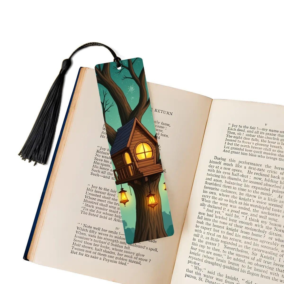 ColorFlow | Whimsical Lantern Treehouse Metal Bookmark Warm Woodland Night Fantasy Art Double Sided Reading Gift | Optional Personalization