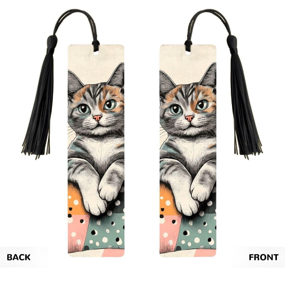 ColorFlow | Calico Cat Metal Bookmark Whimsical Feline Art Cozy Polka Dot Illustration Double Sided Design | Optional Patronizable