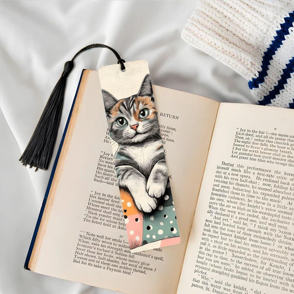 ColorFlow | Calico Cat Metal Bookmark Whimsical Feline Art Cozy Polka Dot Illustration Double Sided Design | Optional Patronizable