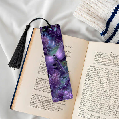 ColorFlow | Celestial Dragonfly | Double Sided Metal Bookmark Purple Fantasy Floral Art Moonlit Garden | Optional Personalization