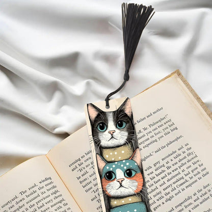 ColorFlow | Stacked Cats Metal Bookmark Quirky Retro Feline Illustration Playful Kitty Art Double Sided Design | Optional Personalization