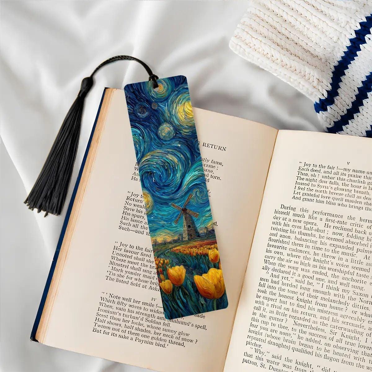 ColorFlow | Starry Sky Windmill Metal Bookmark Van Gogh Inspired Tulip Garden Art Double Sided Aluminum Reading Gift | Optional Personalizat