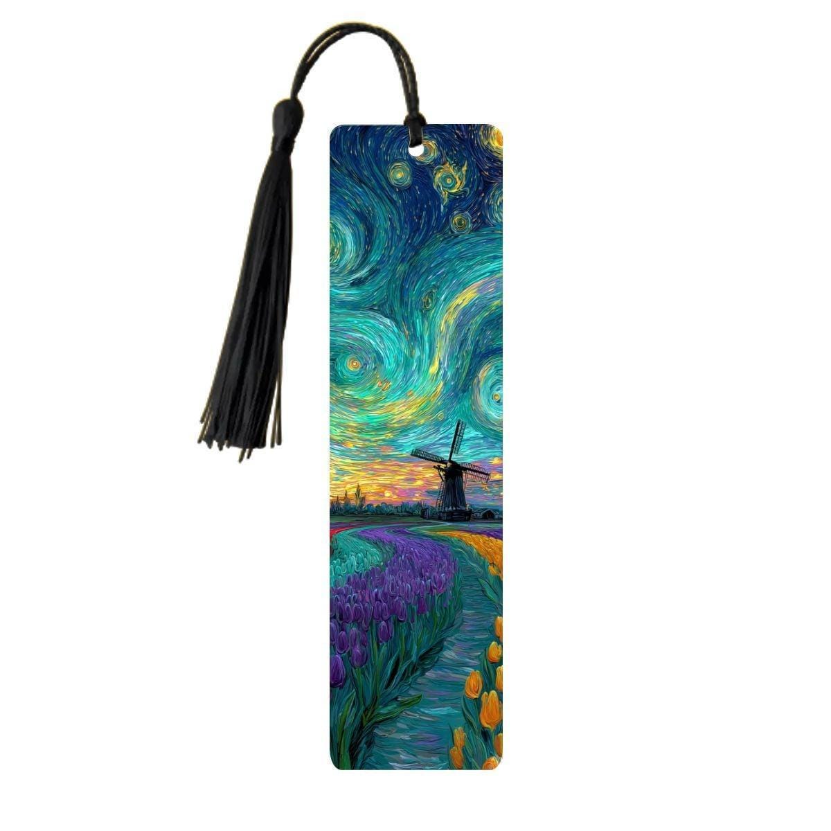 ColorFlow | Vibrant Tulip Field Windmill Metal Bookmark Van Gogh Style Sunset Swirl Art Double Sided Aluminum Reading Gift | Optional Person