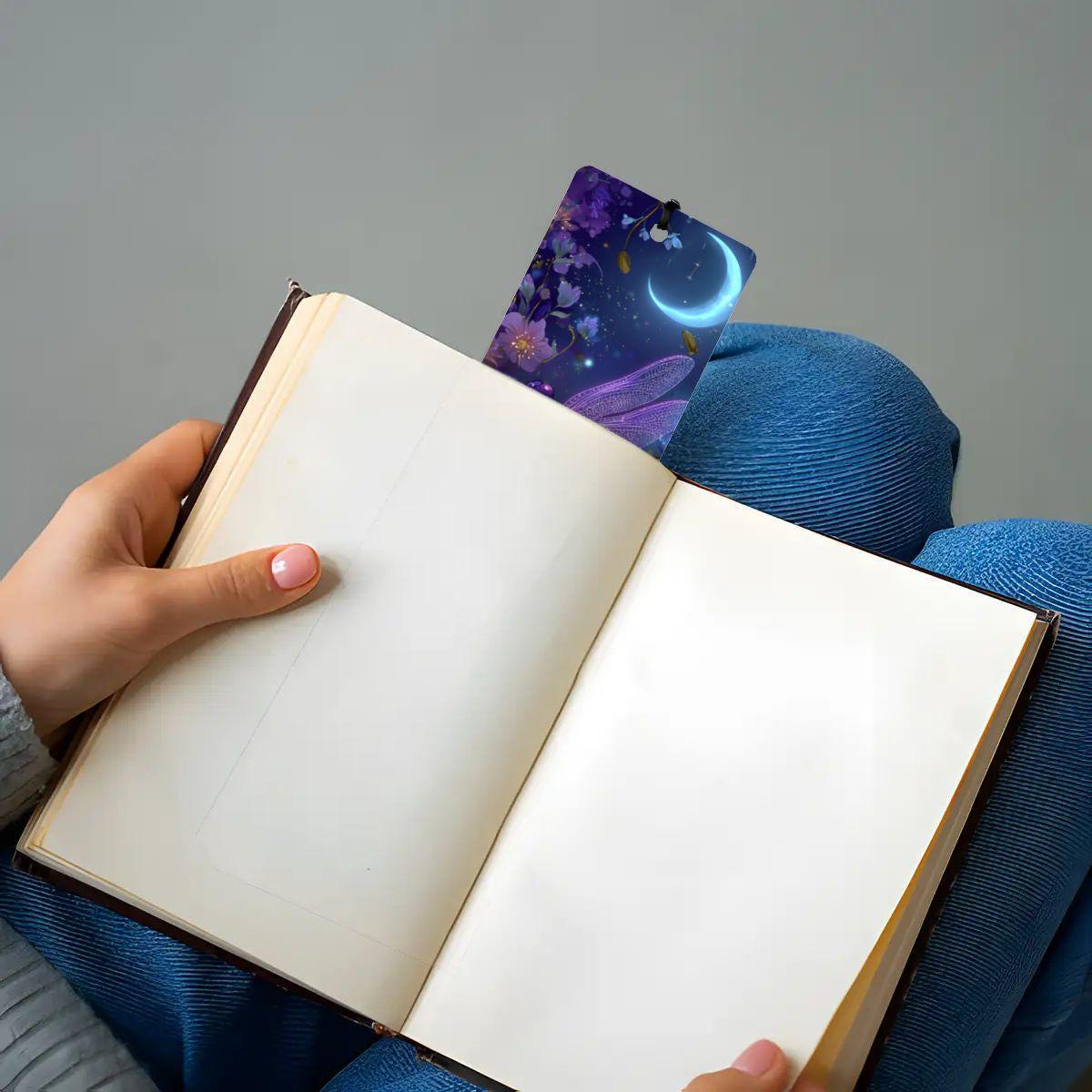 ColorFlow | Twilight Moon Dragonfly Double Sided Metal Bookmark Purple Celestial Floral Fantasy Night Garden Art  | Optional Personalization