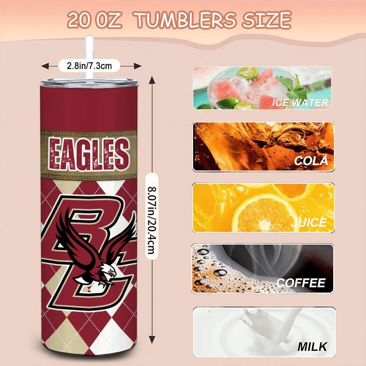 ColorFlow | Boston College Inspired Eagles Argyle Straight Tumbler 20oz Stainless Steel Drinkware Optional Personalization