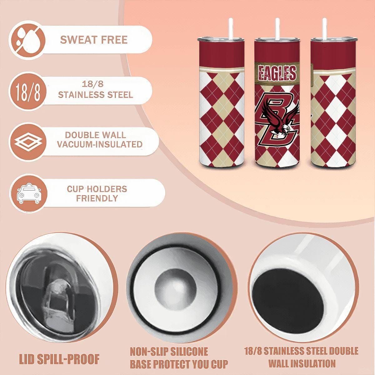 ColorFlow | Boston College Inspired Eagles Argyle Straight Tumbler 20oz Stainless Steel Drinkware Optional Personalization