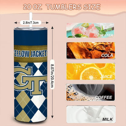 ColorFlow | Georgia Tech Inspired Yellow Jackets Argyle Straight Tumbler 20oz Stainless Steel Drinkware Optional Personalization
