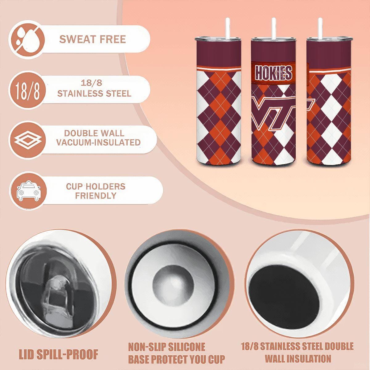 ColorFlow | Virginia Tech Inspired Hokies Argyle Straight Tumbler 20oz Stainless Steel Drinkware Optional Personalization