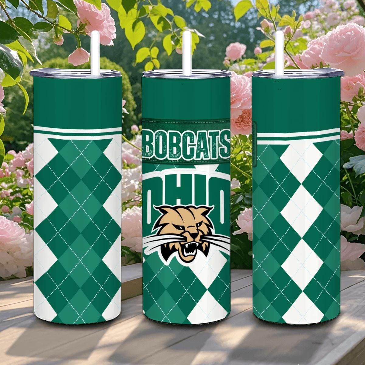 ColorFlow | Ohio University Inspired Bobcats Argyle Straight Tumbler 20oz Stainless Steel Drinkware Optional Personalization