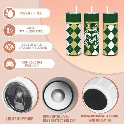 ColorFlow | Colorado State Inspired Rams Argyle Straight Tumbler 20oz Stainless Steel Drinkware Optional Personalization
