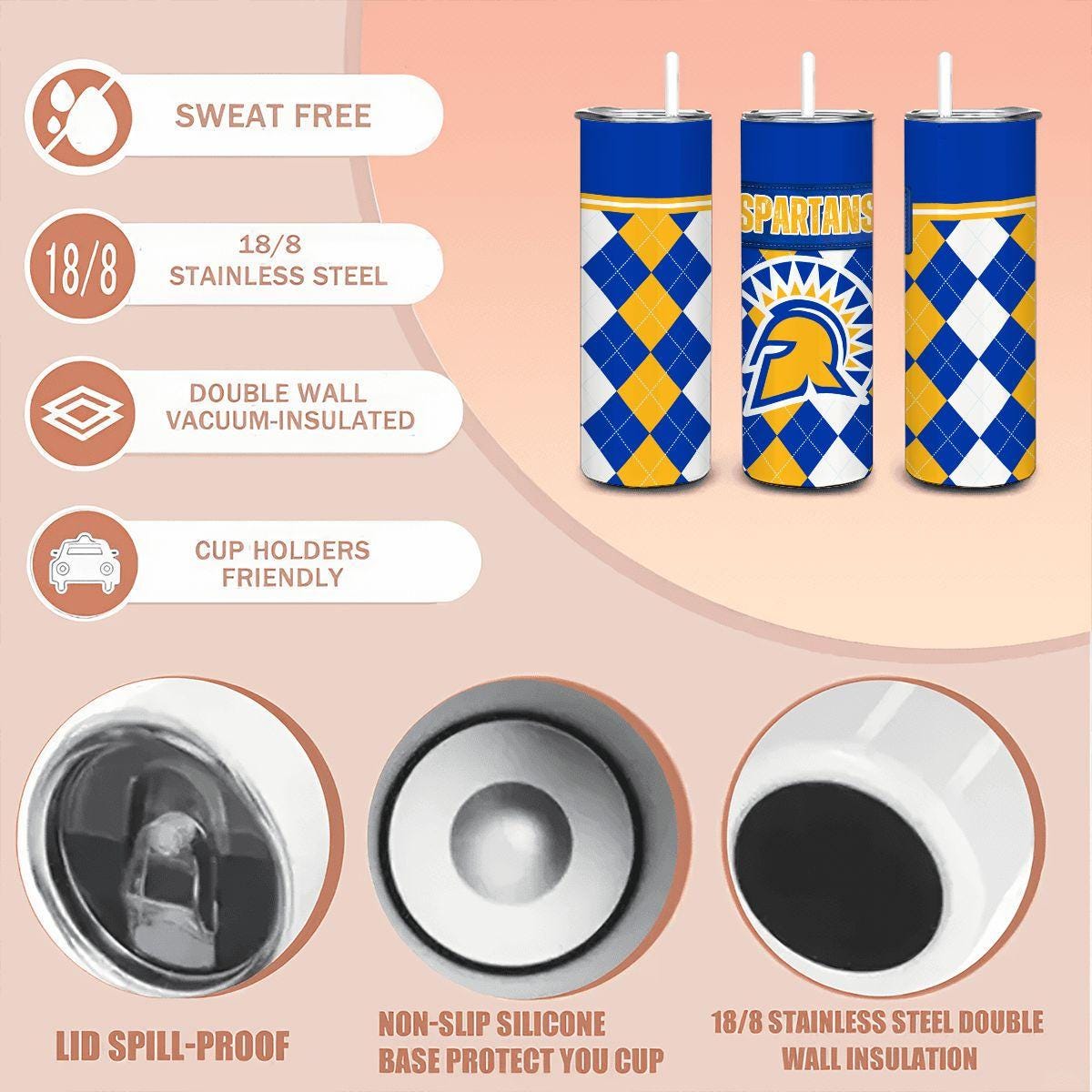 ColorFlow | San Jose State Spartans Inspired 20oz Straight Stainless Tumbler | Team Colors | Personalization Optional