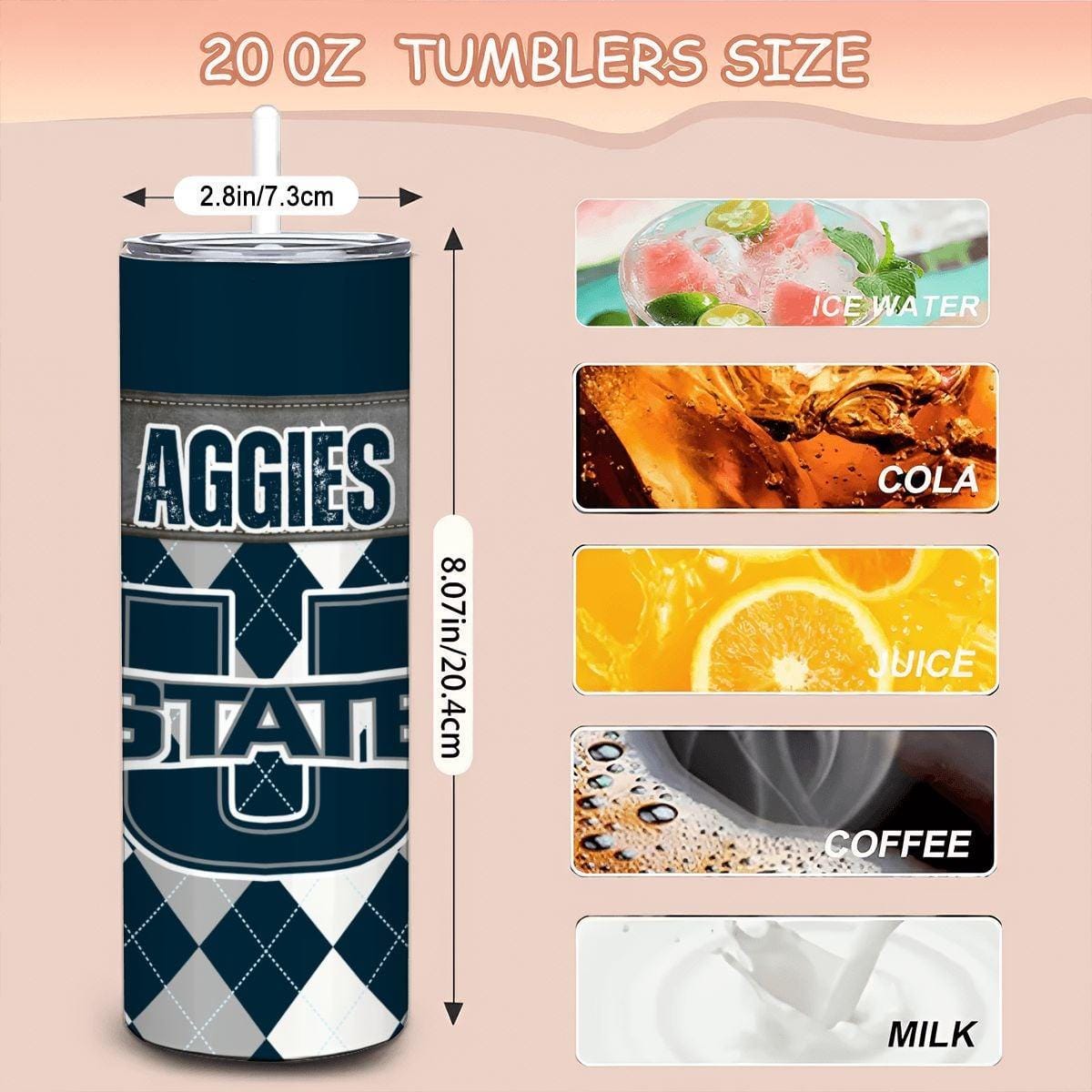 ColorFlow | Utah State Aggies Inspired 20oz Straight Stainless Tumbler | College Colors | Personalization Optional