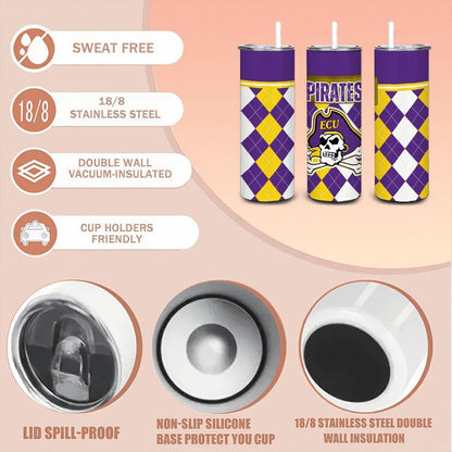 ColorFlow | East Carolina Pirates Inspired 20oz Straight Stainless Tumbler | Purple Gold Style | Personalization Optional