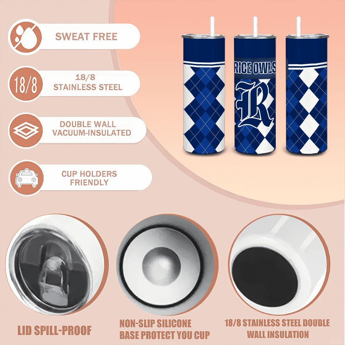 ColorFlow | Rice Owls Inspired 20oz Straight Stainless Tumbler | Clean College Style | Personalization Optional