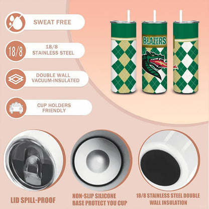 ColorFlow | UAB Blazers Inspired 20oz Straight Stainless Tumbler | Bold Green Gold Look | Personalization Optional