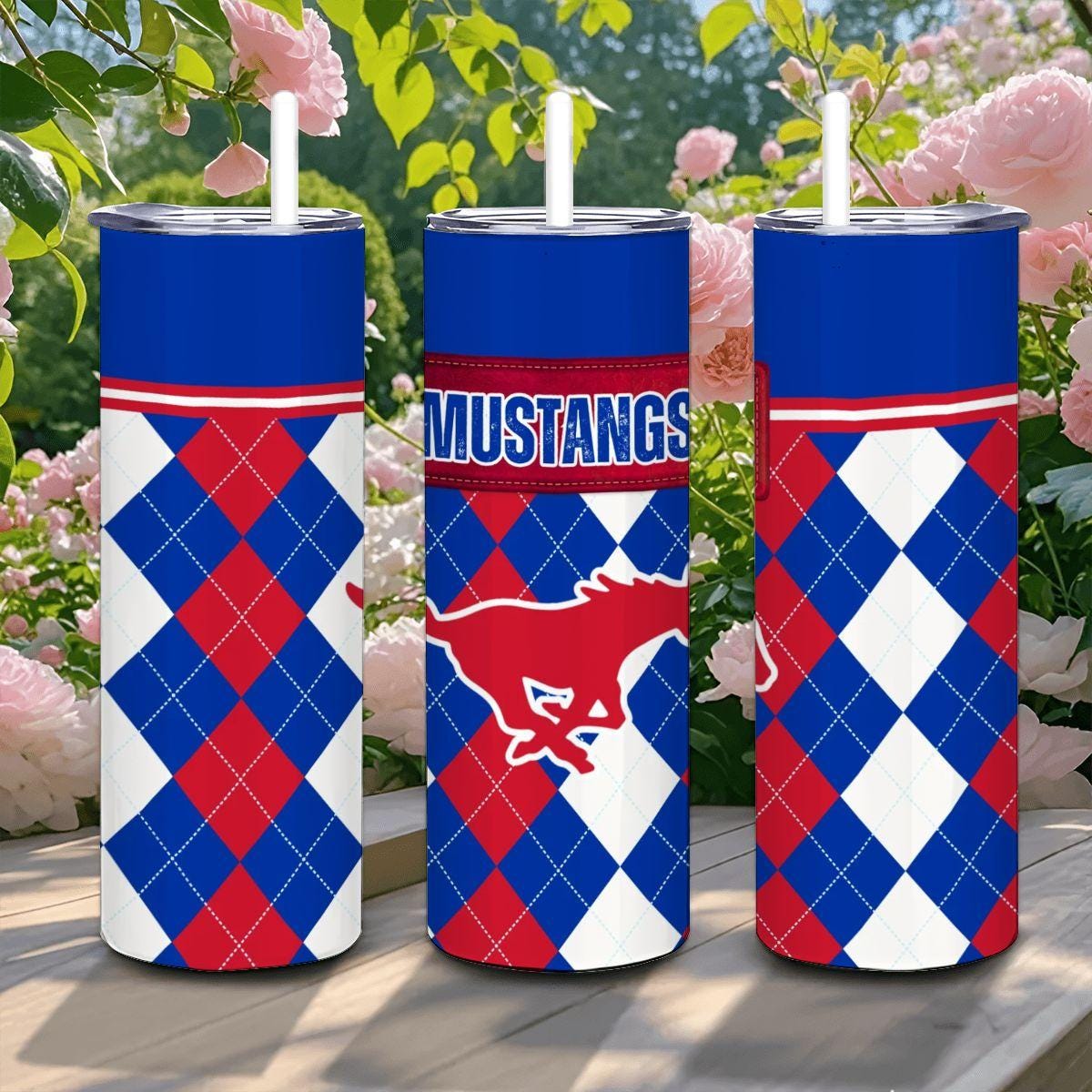 ColorFlow | SMU Mustangs Inspired 20oz Straight Stainless Tumbler | Red Blue Classic Pattern | Personalization Optional