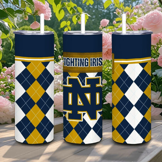 ColorFlow | Notre Dame Fighting Irish Inspired 20oz Straight Stainless Tumbler | Navy Gold Heritage Style | Personalization Optional