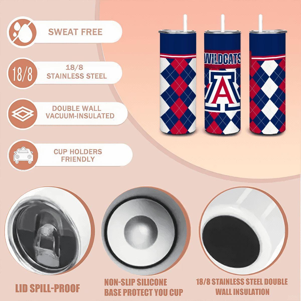 ColorFlow | Arizona Wildcats Inspired 20oz Straight Tumbler | Red Blue Diamond Pattern | Personalization Optional