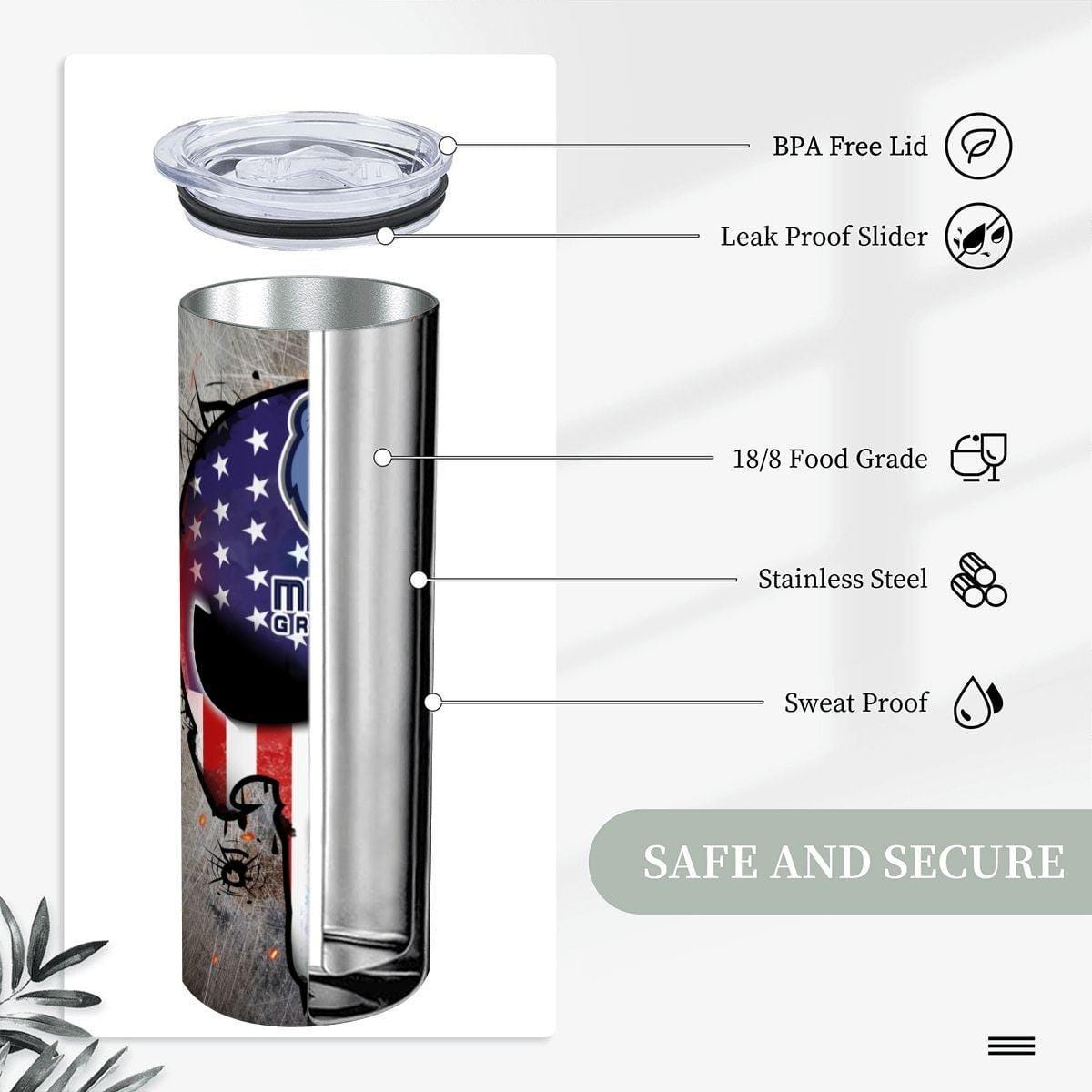ColorFlow | Memphis Basketball Inspired 20oz Straight Tumbler | Grizzlies Skull American Flag Design | Personalization Optional