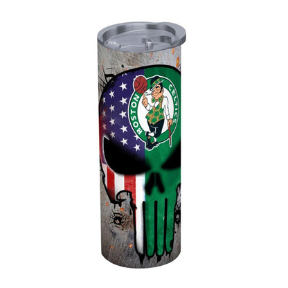 ColorFlow | Boston Basketball Inspired 20oz Straight Tumbler | Celtics Skull American Flag Design | Personalization Optional