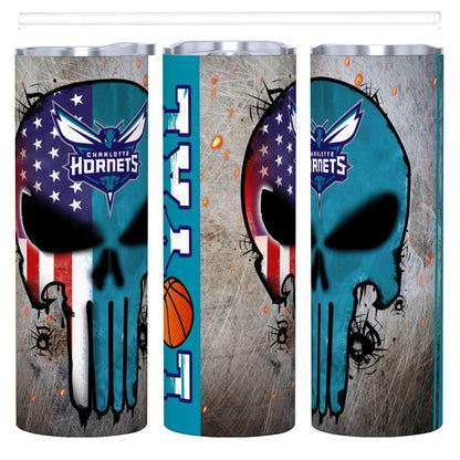 ColorFlow | Charlotte Basketball Inspired 20oz Straight Tumbler | Hornets Skull American Flag Design | Personalization Optional