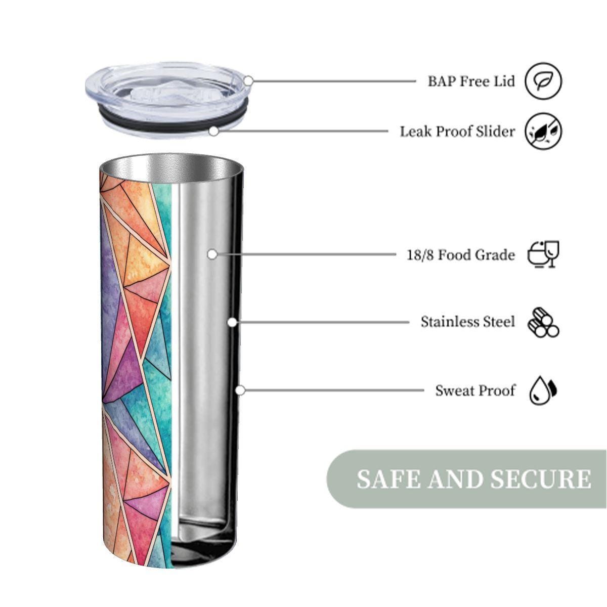 ColorFlow | Prism Mosaic 20oz Skinny Stainless Steel Tumbler with Straw | Colorful Geometric Art Travel Cup