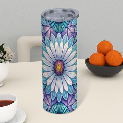 ColorFlow | Blue Lotus Mandala 20oz Skinny Stainless Steel Tumbler with Straw | Floral Stained Glass Design
