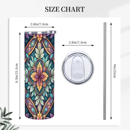 ColorFlow | Midnight Bloom Mandala 20oz Skinny Stainless Steel Tumbler with Straw | Elegant Floral Mosaic Art