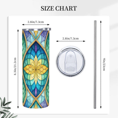 ColorFlow | Golden Petal Stained Glass 20oz Skinny Stainless Steel Tumbler with Straw | Geometric Floral Design