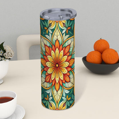 ColorFlow | Sunburst Garden Mandala 20oz Skinny Stainless Steel Tumbler with Straw | Vibrant Floral Geometry Art