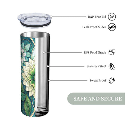 ColorFlow | Tranquil Sage Blossom 20oz Skinny Stainless Steel Tumbler with Straw | Soft Green Botanical Art