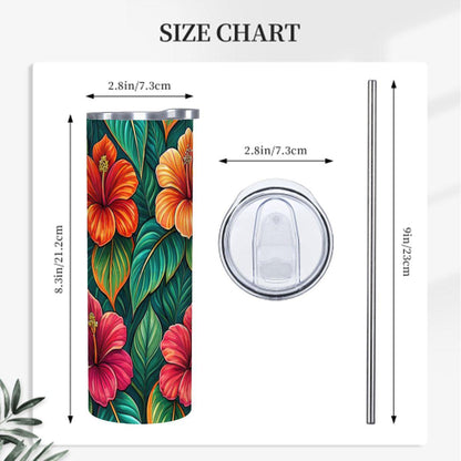 ColorFlow | Tropical Hibiscus Garden 20oz Skinny Stainless Steel Tumbler with Straw | Bold Island Floral Art
