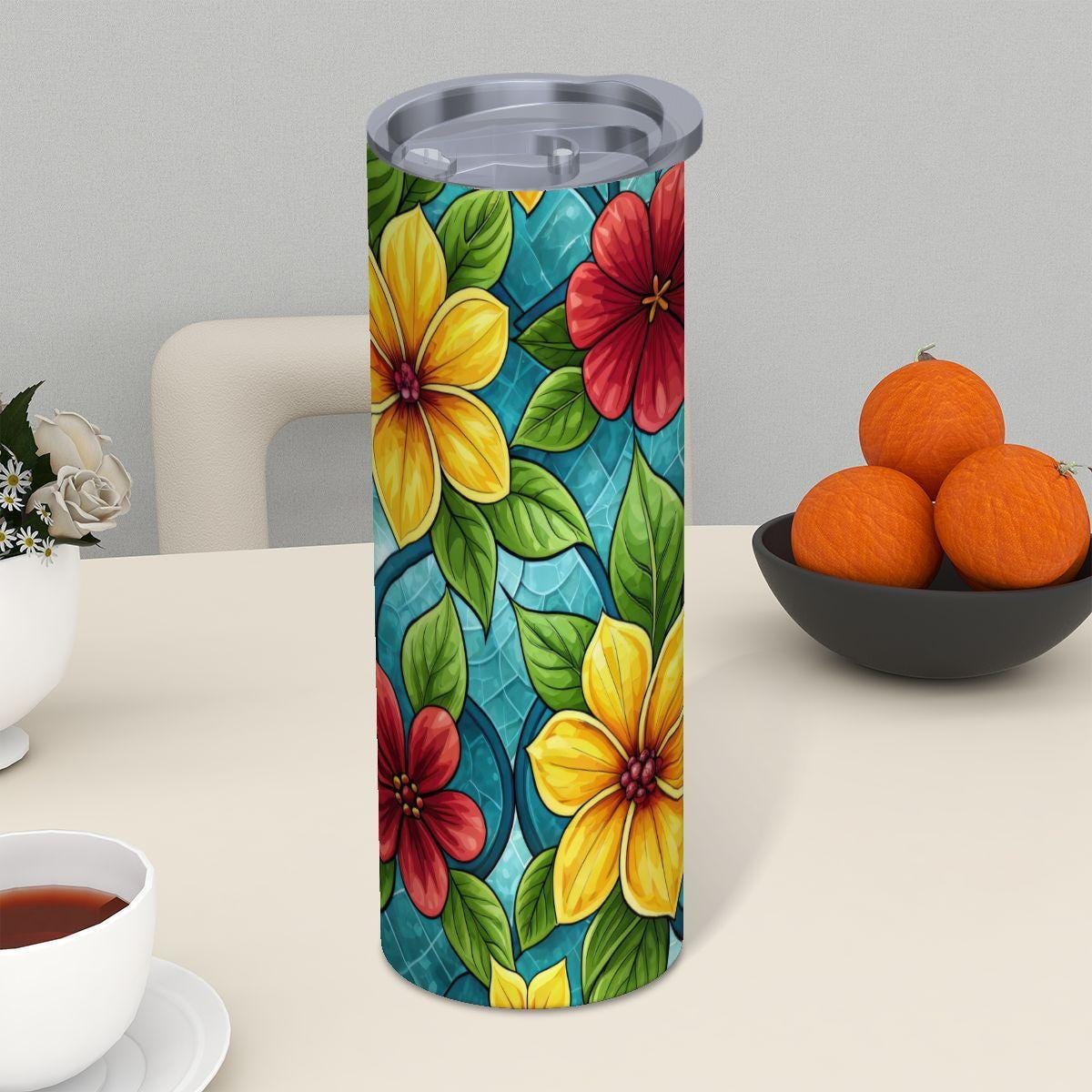 ColorFlow | Golden Petal Mosaic 20oz Skinny Stainless Steel Tumbler with Straw | Bright Floral Glass Pattern