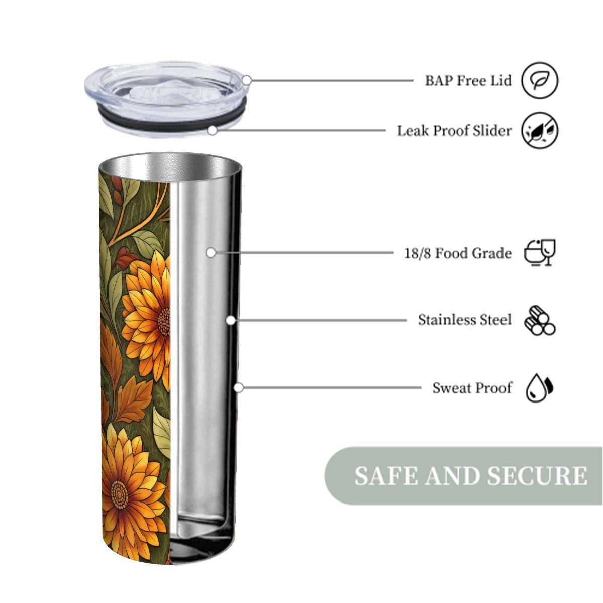 ColorFlow | Harvest Bloom Wildflowers 20oz Skinny Stainless Steel Tumbler with Straw | Autumn Floral Nature Art