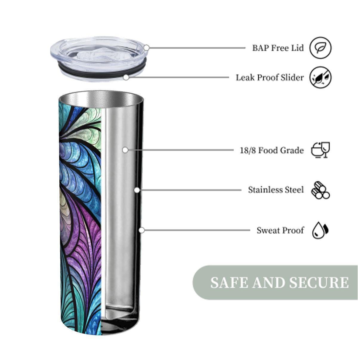 ColorFlow | Ocean Feather Glass 20oz Skinny Stainless Steel Tumbler with Straw | Blue Teal Abstract Leaf Art