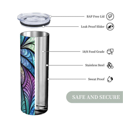 ColorFlow | Ocean Feather Glass 20oz Skinny Stainless Steel Tumbler with Straw | Blue Teal Abstract Leaf Art