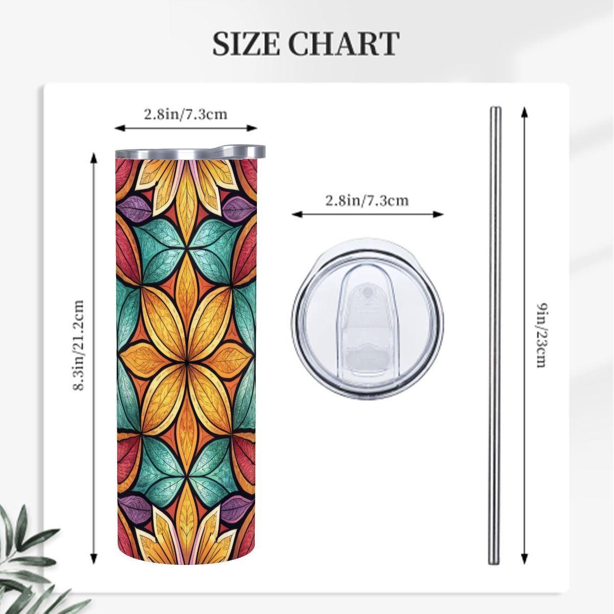 ColorFlow | Harvest Petal Kaleidoscope 20oz Skinny Stainless Steel Tumbler with Straw | Colorful Floral Mosaic