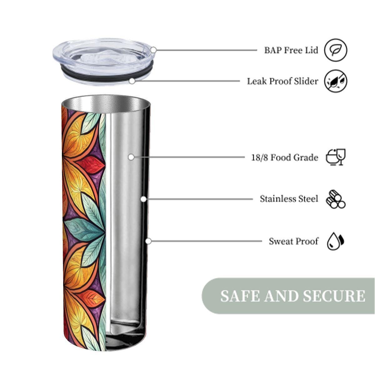 ColorFlow | Sunset Petal Mosaic 20oz Skinny Stainless Steel Tumbler with Straw | Warm Floral Geometric Pattern