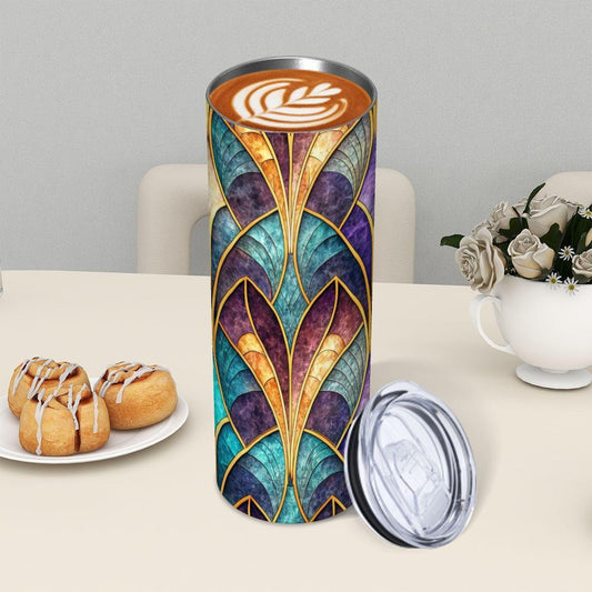 ColorFlow | Art Deco Jewel Fan 20oz Skinny Stainless Steel Tumbler with Straw | Elegant Vintage Pattern Cup