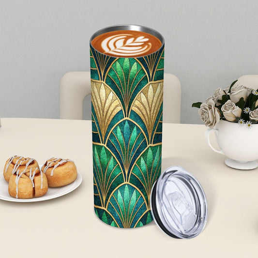 ColorFlow | Emerald Art Deco Scales 20oz Skinny Stainless Steel Tumbler with Straw | Luxe Green Pattern Cup
