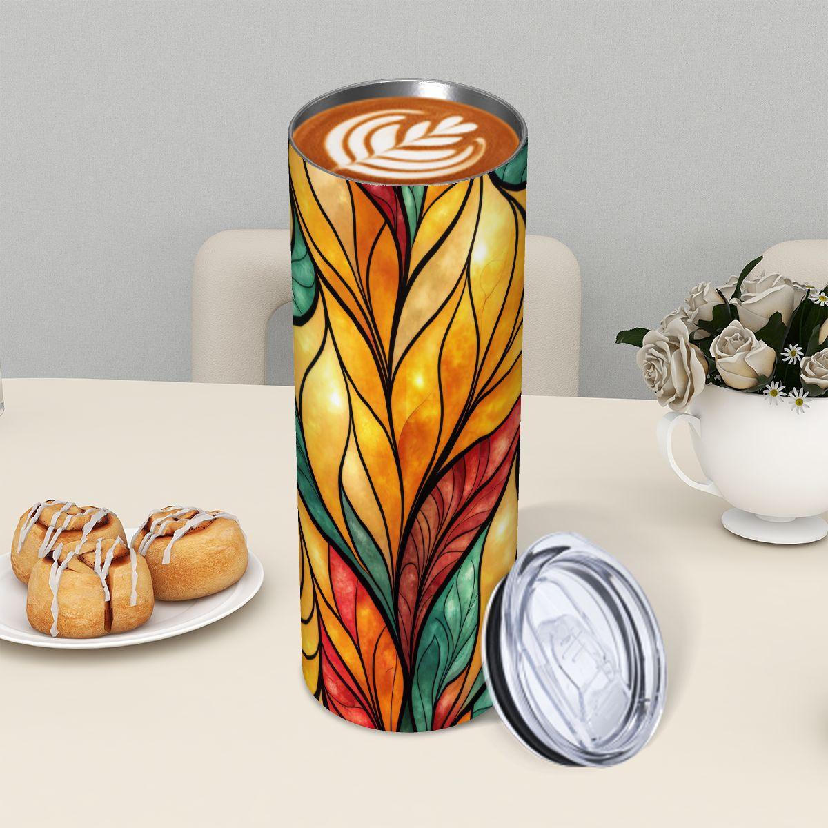 ColorFlow | Golden Ember Leaves 20oz Skinny Stainless Steel Tumbler with Straw | Warm Autumn Stained Glass Design