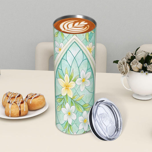 ColorFlow | Ivory Bloom Stained Glass 20oz Skinny Stainless Steel Tumbler with Straw | Cottage Floral Window Art