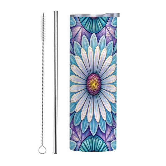 ColorFlow | Blue Lotus Mandala 20oz Skinny Stainless Steel Tumbler with Straw | Floral Stained Glass Design